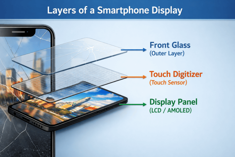 layers of smartphone dispaly are front glass, touch digitizer and display panel.