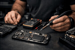 A technician using a set of mobile repairing tools to repair phones