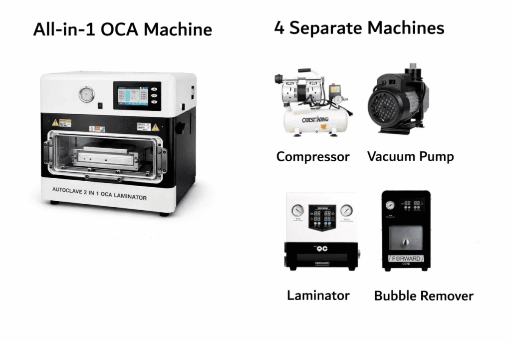all-in-one OCA machine vs 4 separate machines used in mobile phone repair.