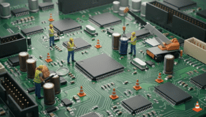 tiny construction workers and technicians repairing electronics PCB motherboard