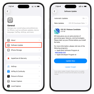 Apple iPhone iOS 26 software update screen.