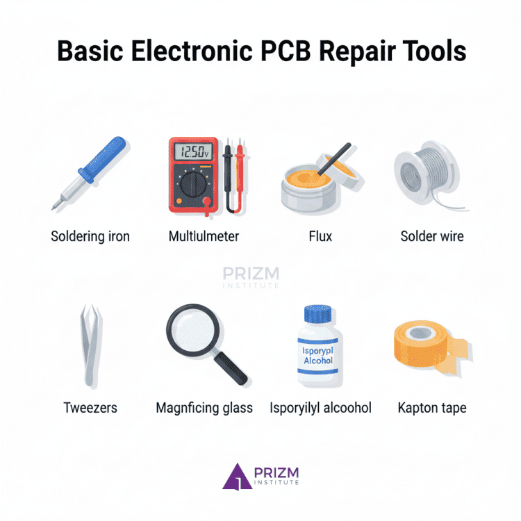 basic electronic PCB repair tools Soldering iron, Multimeter, Flux, Solder wire, Tweezers, Magnifying glass

Isopropyl alcohol

Kapton tape