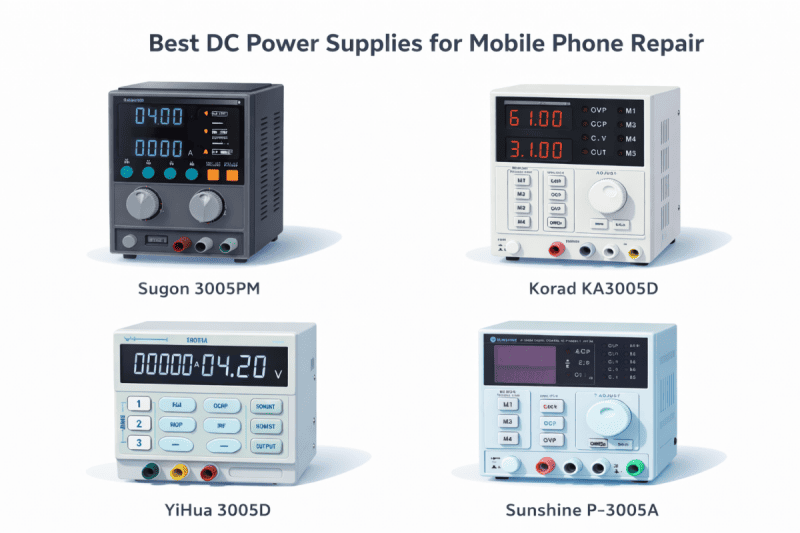 Best DC power supplies for mobile phone repair including Sugon 3005PM, Korad KA3005D, YiHua 3005D and Sunshine P-3005A