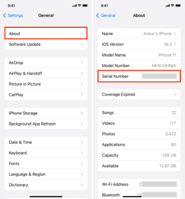 iPhone serial number in settings