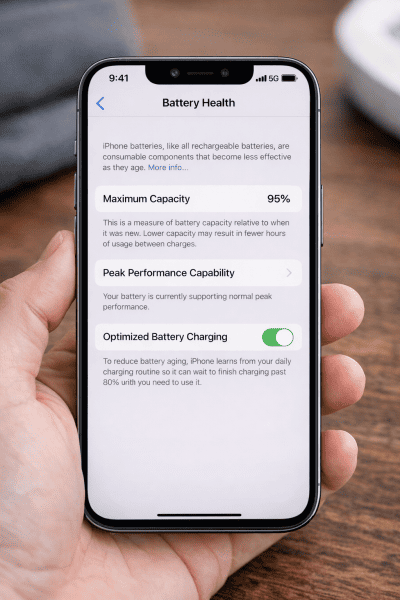 iPhone battery health settings screen showing 95 percent maximum capacity