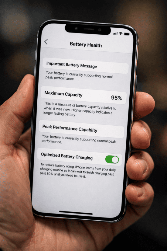 iOS battery health settings on iPhone with 95 percent battery health