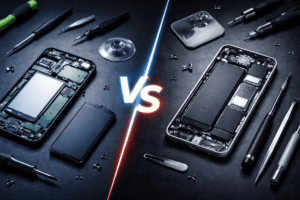 Android vs iPhone repair comparison showing internal components and repair tools
