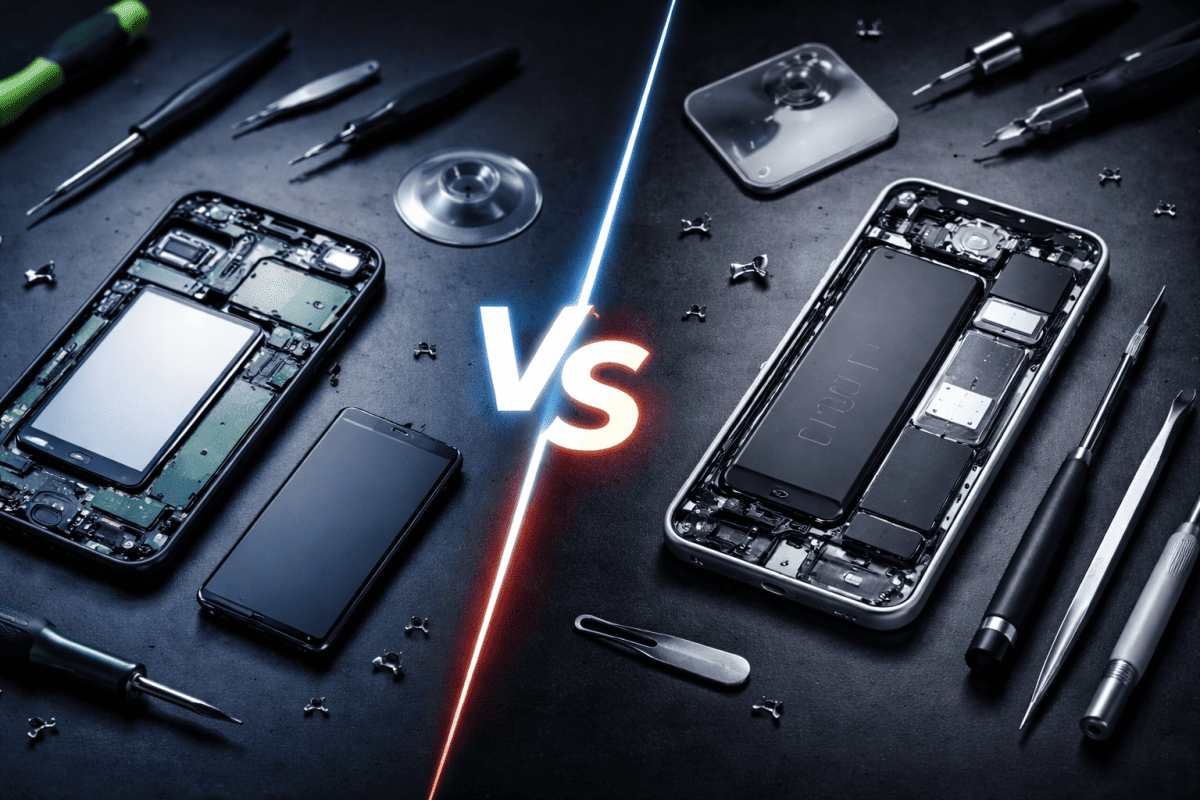 Android vs iPhone repair comparison showing internal components and repair tools