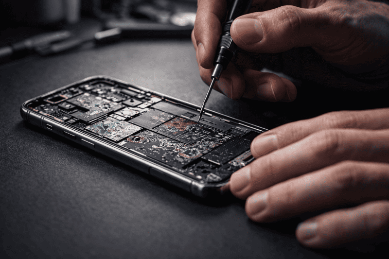 Technician repairing water damaged smartphone at service center