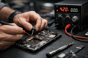 Smartphone repair technician testing motherboard with DC power supply on professional repair workstation