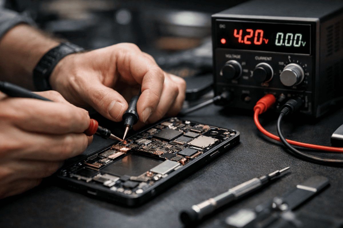 Smartphone repair technician testing motherboard with DC power supply on professional repair workstation