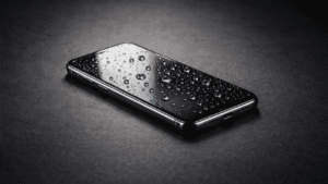 Smartphone with water droplets on screen showing water damage for wet phone repair guide