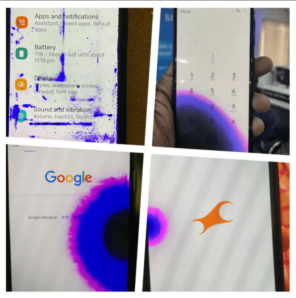 pink, purple and blue spots on smartphone AMOLED anmd LCD screens examples and samples collage.