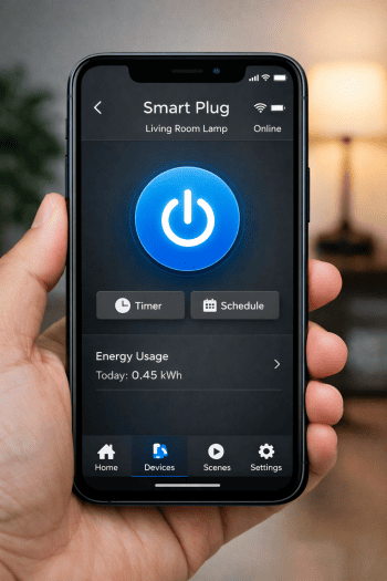 Smart plug app control screen showing on and off button, scheduling, and energy usage on a smartphone
